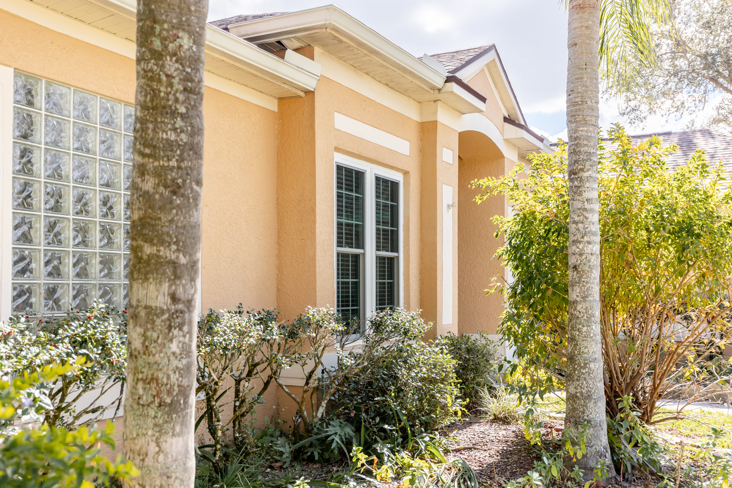 twin single hungs in the exterior of a pink home, in between two palm trees